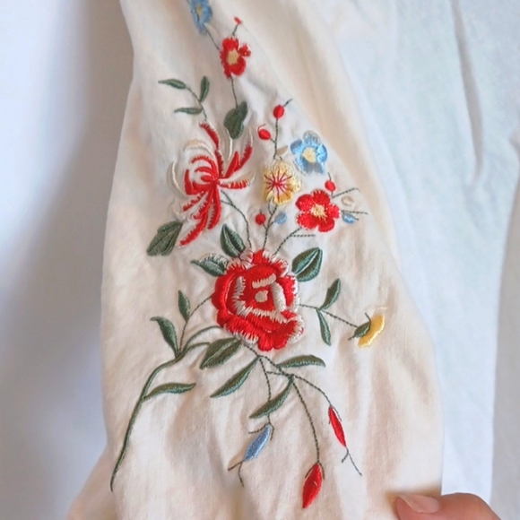 BLAIR cream button blouse with embroidered design sleeve, pit to pit is 22" - Picture 3 of 7